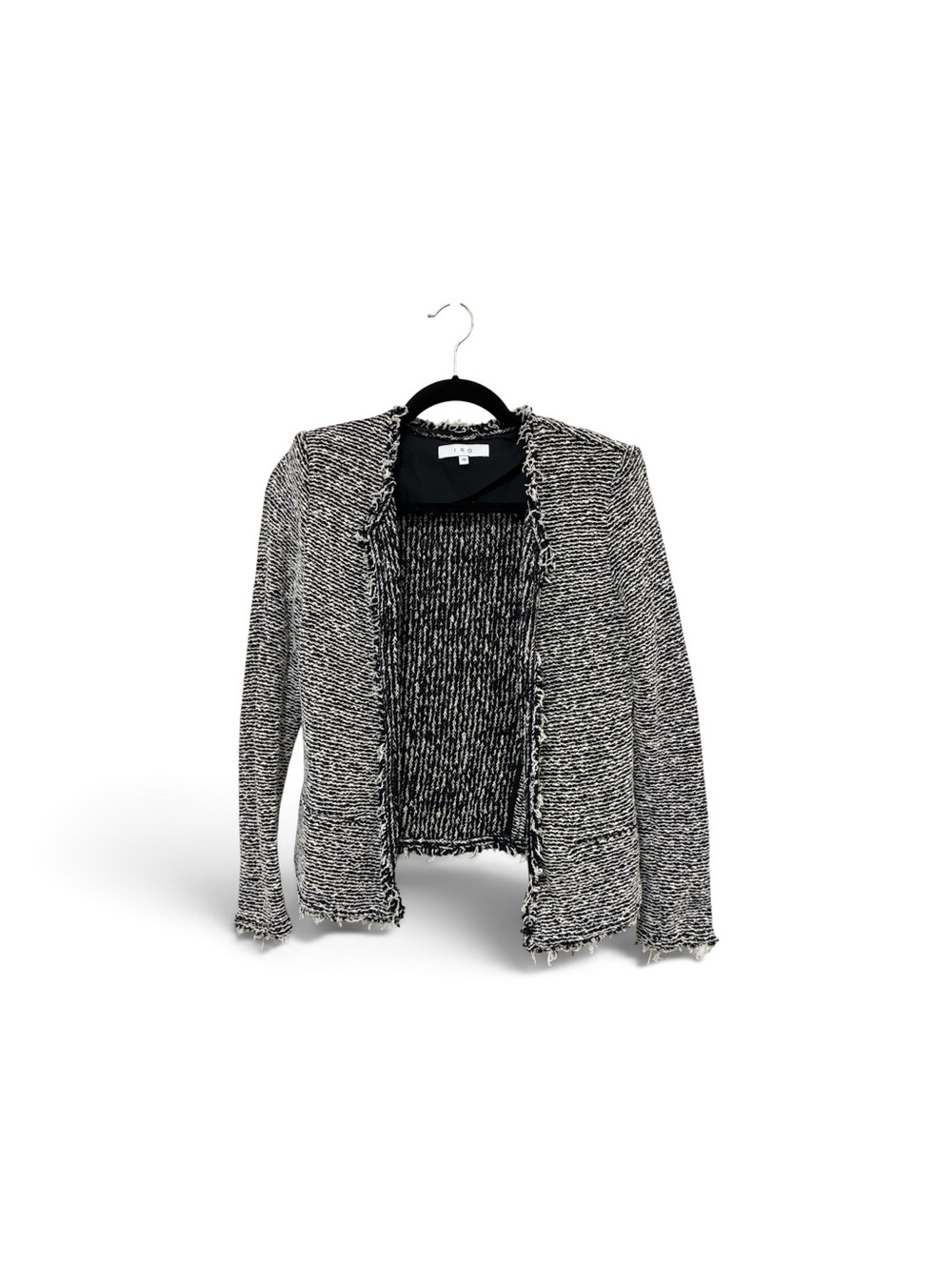 IRO Black & White Tweed Fringe Open-Front Cardigan